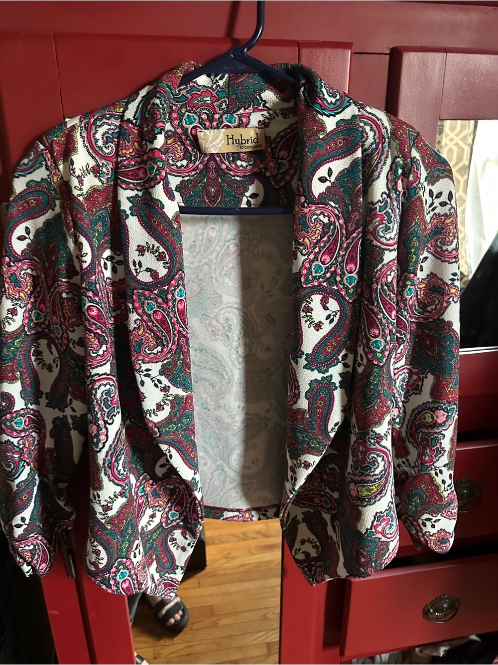Hybrid & company Cream Paisley Open-Front Blazer with Pink and Green Accents